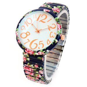 Blue Roses Floral Large Face Stretch Band Watch